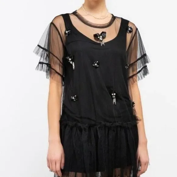 POL Sheer Mesh Two-fer Tulle Tunic Top Black Women's‎ Size S - Picture 2 of 9